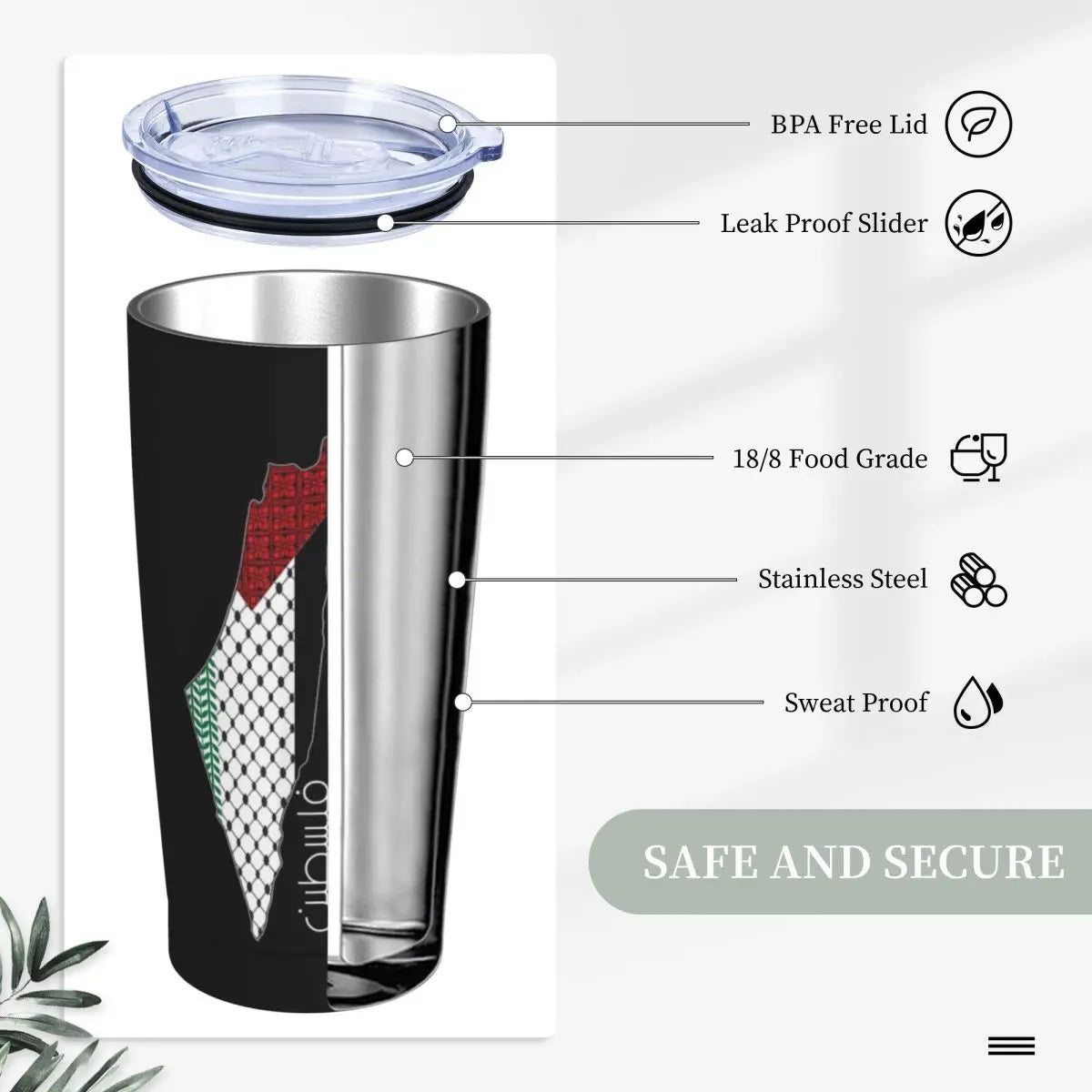 Palestinian Keffiyeh Map Insulated Tumbler with Straws Lid Stainless Steel Thermal Mug