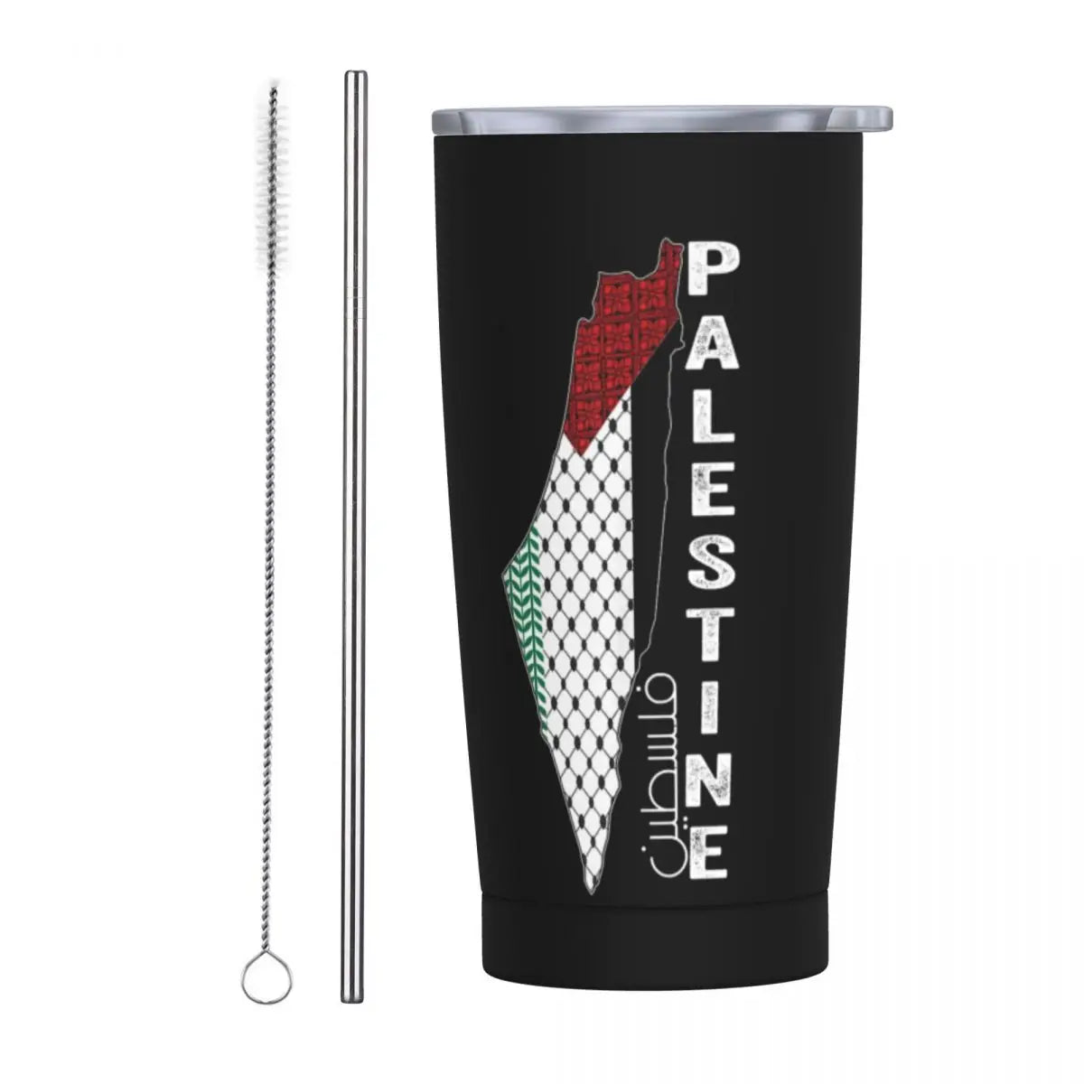 Palestinian Keffiyeh Map Insulated Tumbler with Straws Lid Stainless Steel Thermal Mug