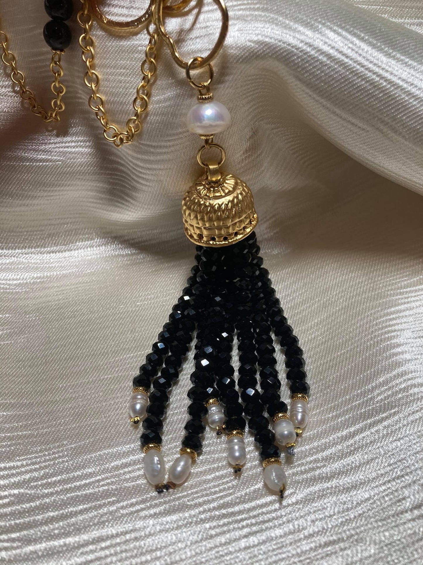 Lale Elegant Black Stones Tassel Long Necklace