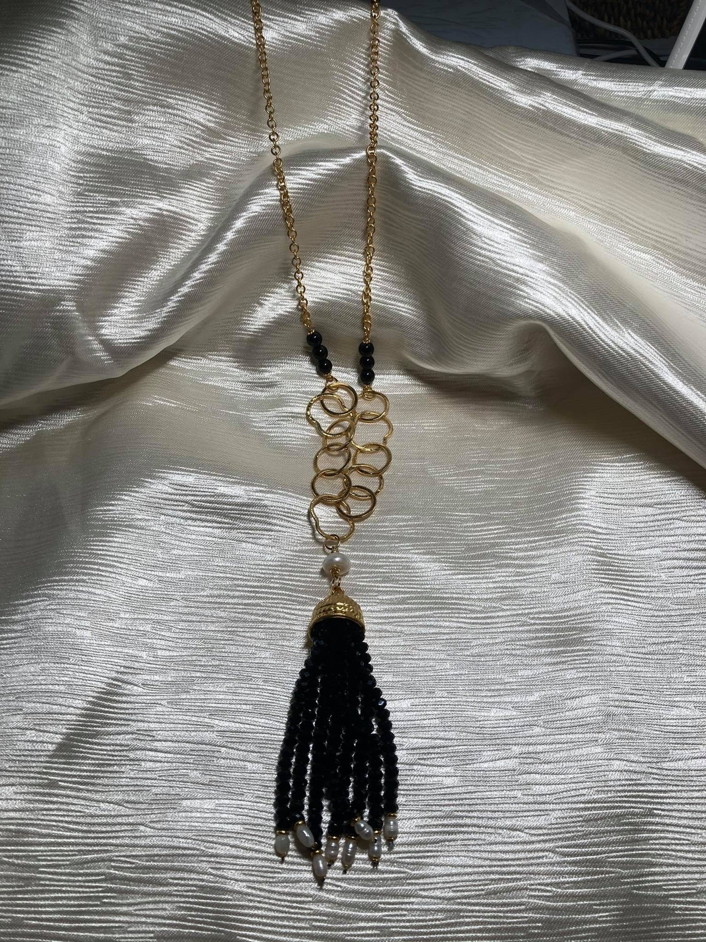 Lale Elegant Black Stones Tassel Long Necklace