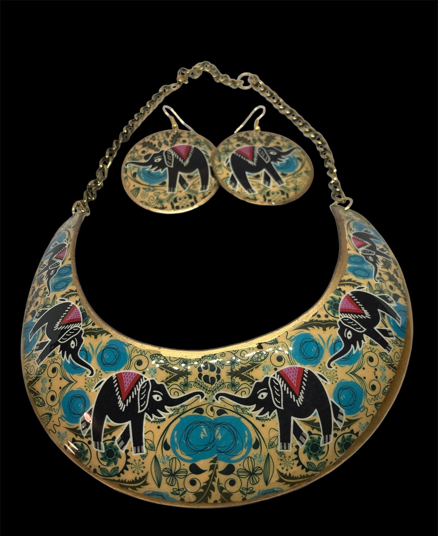 Elephant Print Brass Bib Statement Necklace And Earrings Set