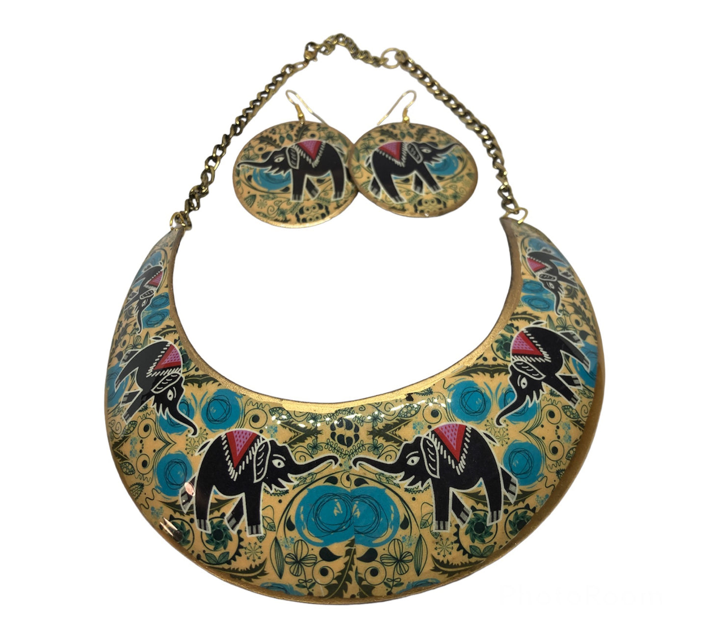 Elephant Print Brass Bib Statement Necklace And Earrings Set